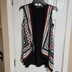 BOB MACKIE Wearable Art Vest Topper Kimono XS Black Orange Blue‎ Checkerboard